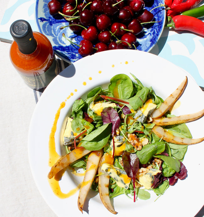 Pear, walnut & Isle of Wight Blue Cheese salad with Chilli Cherry Drizzle
