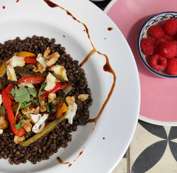 Puy lentils, goat's cheese & roasted peppers with Raspberry Balsamic Dressing & Dip