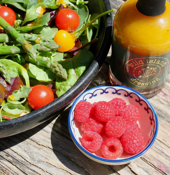 Asparagus, green leaves & tomatoes with Raspberry Dressing